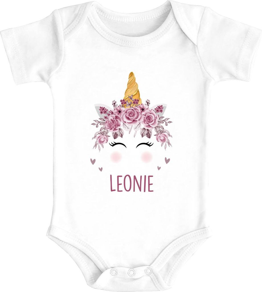 Baby Body mit Name Bär Fuchs Einhorn Bedruckt Tiermotive personalisierte Geschenke kurzarm Baumwolle SpecialMe Einhorn weiß 0-3 Monate