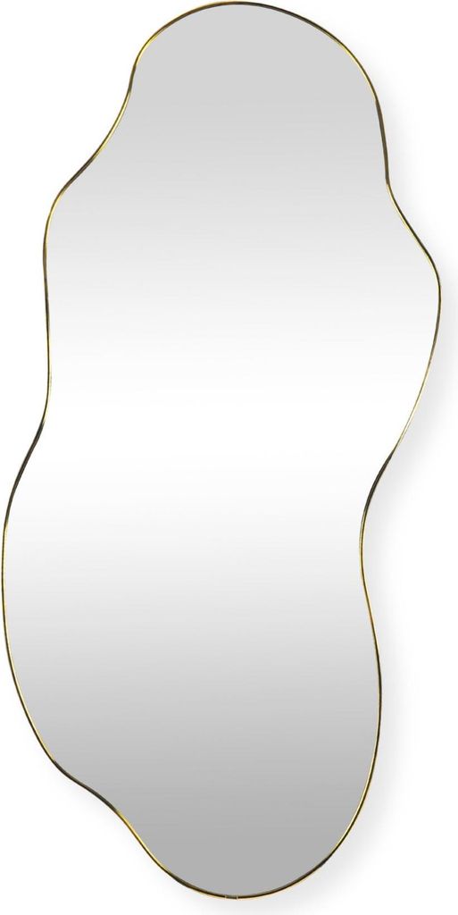 An organic-shaped mirror with a gold frame against a white background.