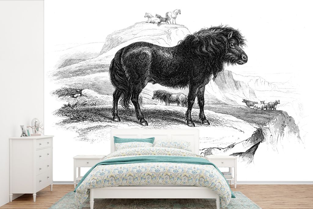 MuchoWow Fototapete für Wohnzimmer oder Schlafzimmer Wandtapete Vinyl Motivtapete Eine Illustration eines schwarzen Shetlanders - schwarz und we...