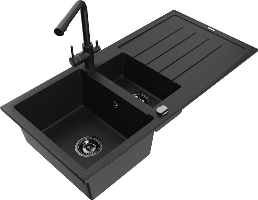Mexen Andres 1,5-Becken-Granitspüle mit Abtropffläche und Mischbatterie Duero, Schwarz - 6515-77-671600-70-B
