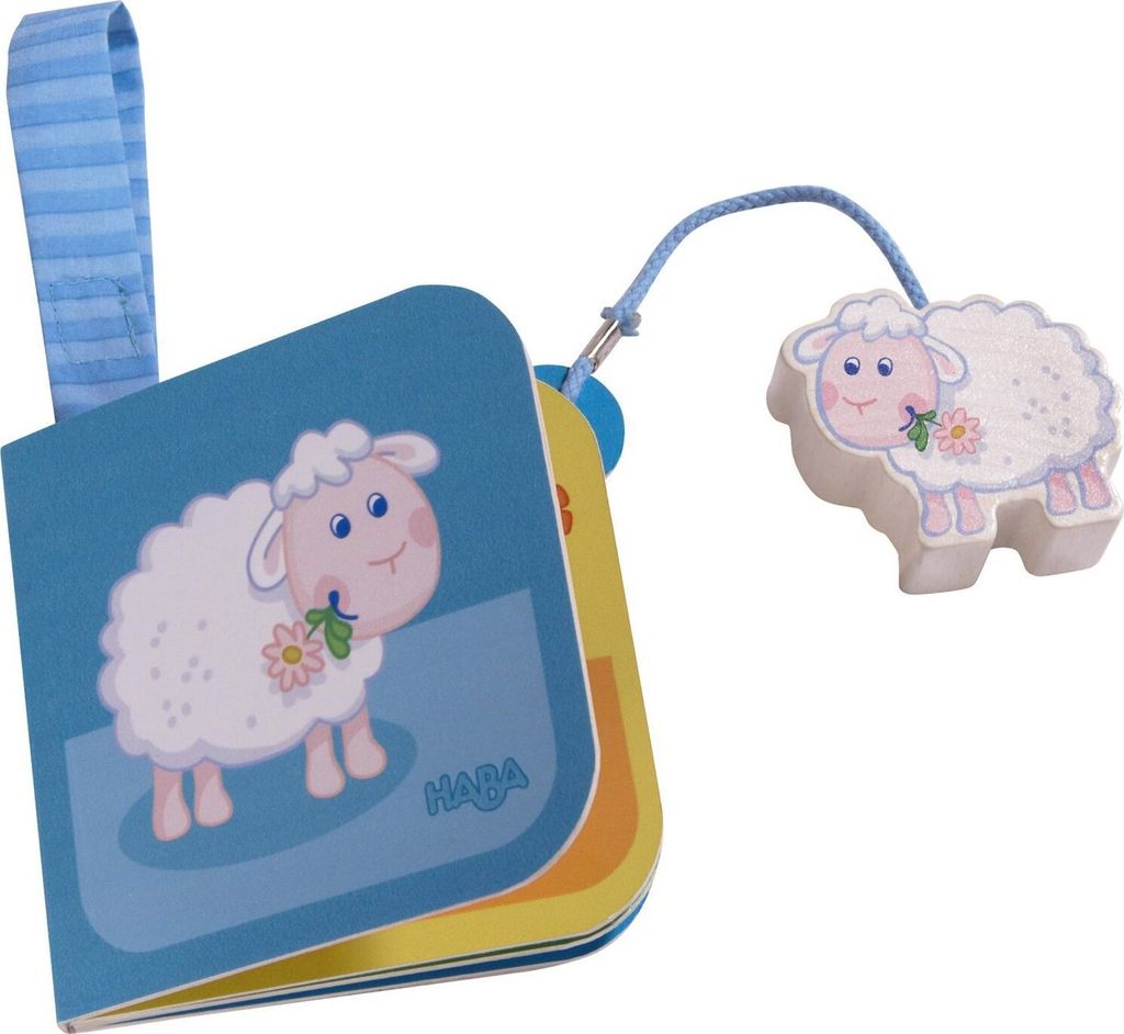 Haba Buggybuch Schaf mit Holzfigur, Puzzlespaß und Klettschlaufe, 10x10 cm