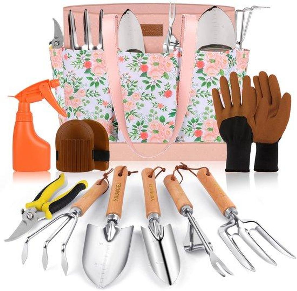 Gartenwerkzeugset, 10-teiliges robustes Edelstahlwerkzeugset mit Anti-Slip Holzgriff - Frauen- und Männer-Gartenkoffer in Rosa