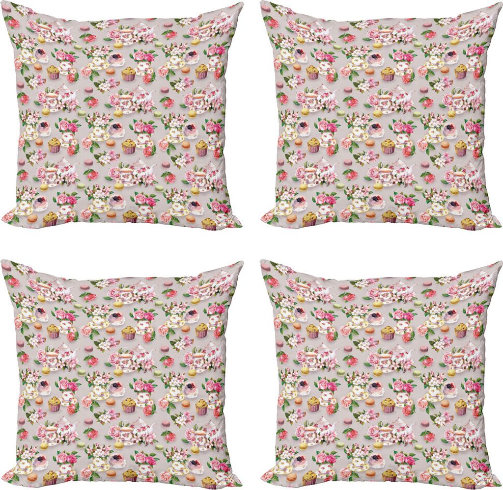 ABAKUHAUS Tee Kissenbezug Set (4 Stück), Antike Retro Tee-Set, Moderner Doppelseitiger Digitaldruck, 45 cm x 45 cm, Pale Pink Pink