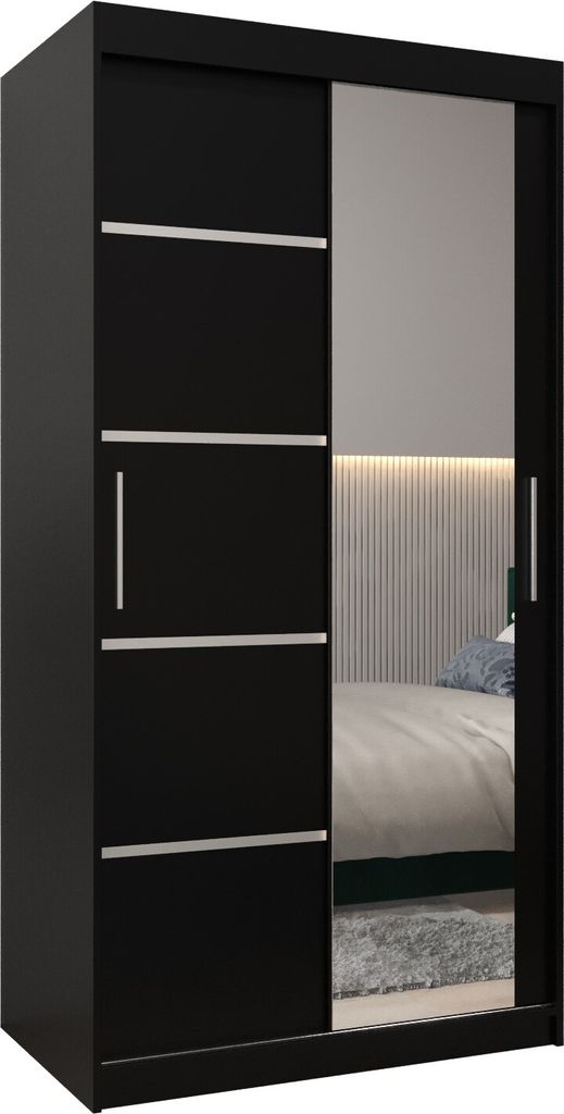 Kleiderschrank, Schiebetürenschrank Schlafzimmer, Schrank mit Spiegel VERONA 2 100 cm - Schwarz Matt