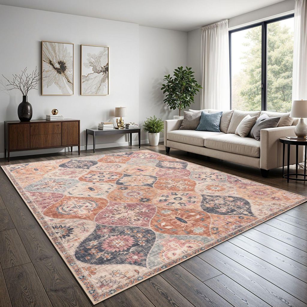TT Home Boho Vintage Teppich Wohnzimmer Kurzflor – Retro Design, rutschfest & pflegeleicht, modern für Esszimmer & Flur Waschbar Größe 160x220 cm