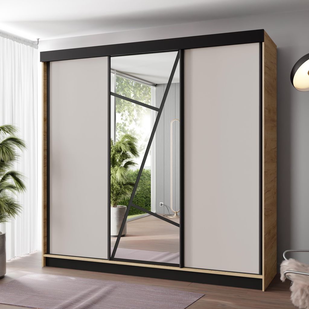 FurMeb24 Schiebetürenschrank LOE 250x205x59 cm Kleiderschrank mit Spiegel, 3-türiger Schiebeschrank (GOLDENE EICHE/KASCHMIR)