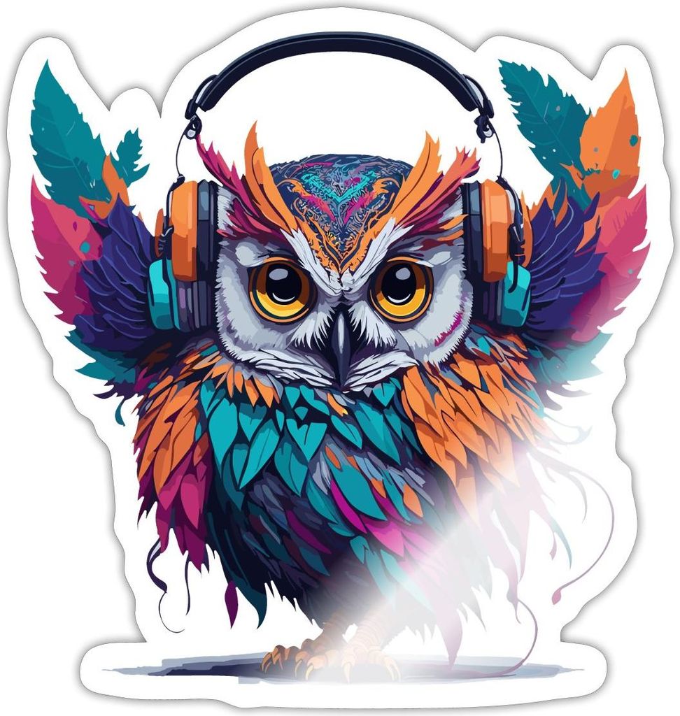 Spreadshirt Bunte Eule Mit Kopfhörern Geschenkidee Sticker Aufkleber, 10 x 10 cm, Weiß glänzend