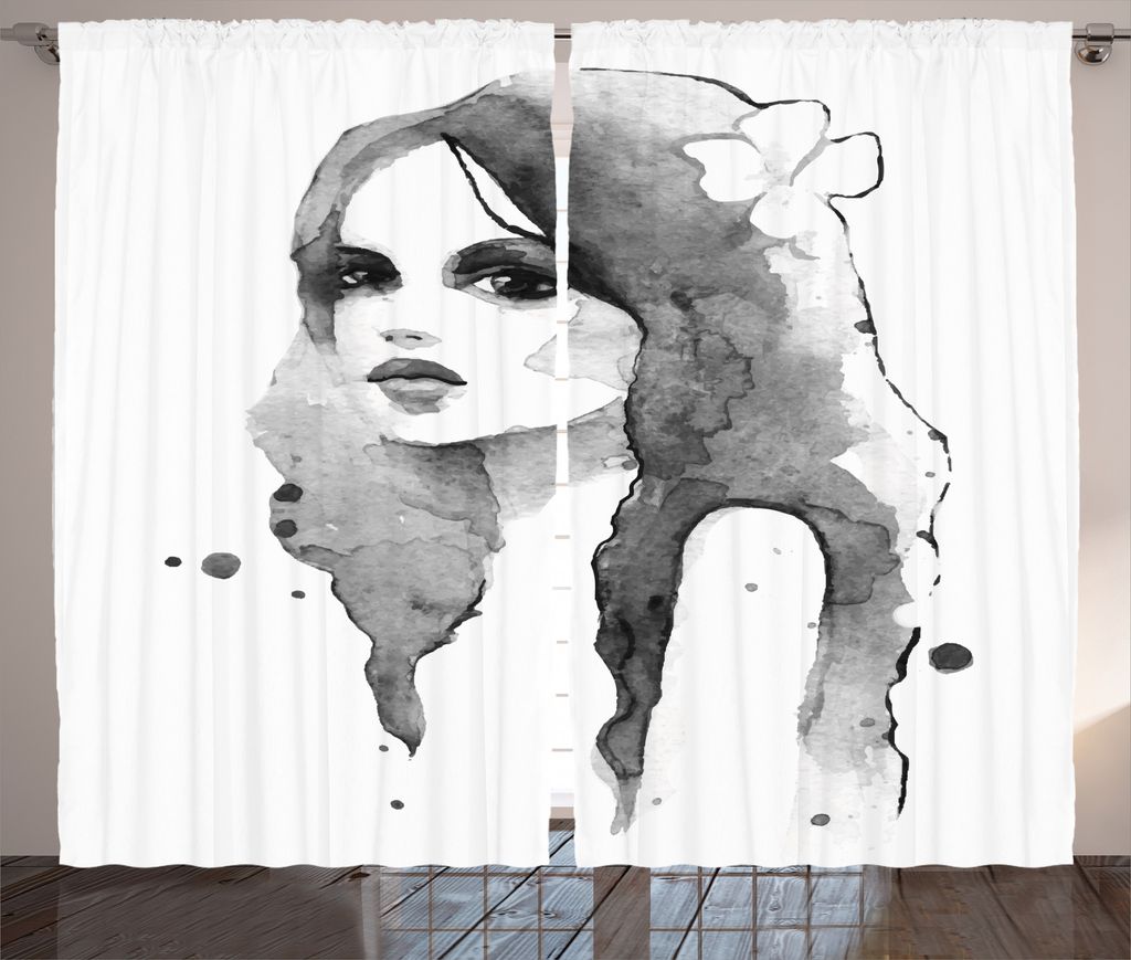 ABAKUHAUS Feminin Rustikaler Vorhang, Aquarell Porträt Kunst, Wohnzimmer Universalband Gardinen mit Schlaufen und Haken, 280 x 225 cm, Schwarz Weiss