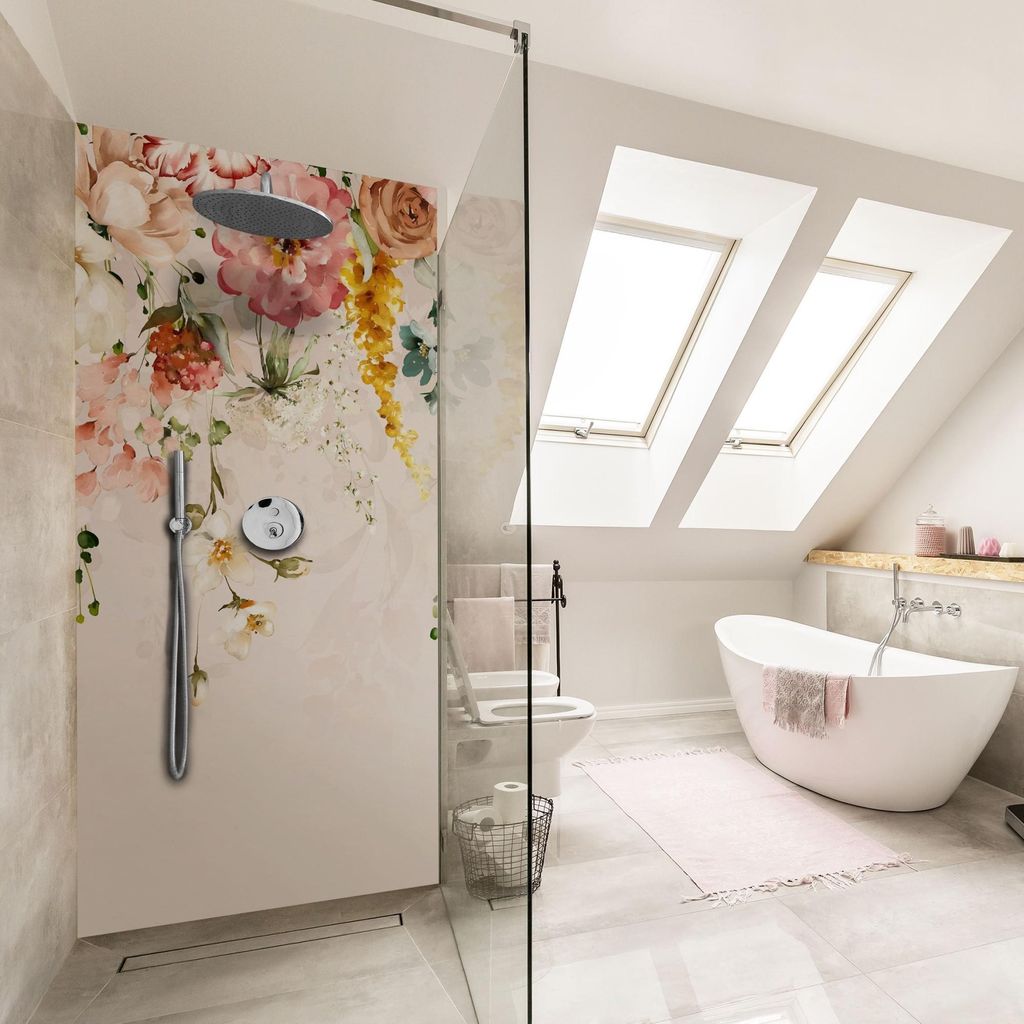 Duschrückwand Blumen selbstklebend - 0.61 mm Wandpaneel wasserfest Ranke pastell Aquarell Badrückwand fugenlos Premium matt 100x190 cm