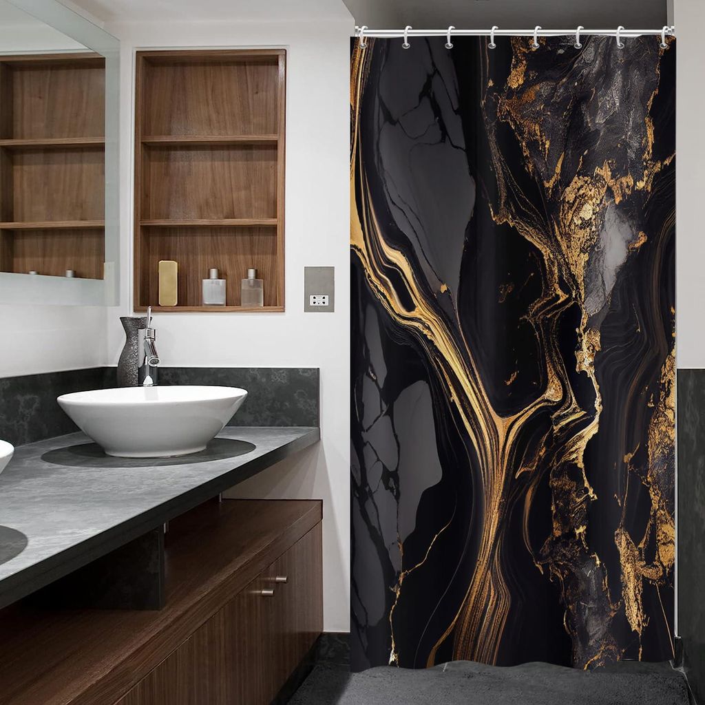 Duschvorhang in Marmoroptik, schwarz-gold, 120 x 180 cm, moderne abstrakte Marmoroptik in Schwarz-Gold, waschbar, Polyestergewebe, wasserdicht, Dus...