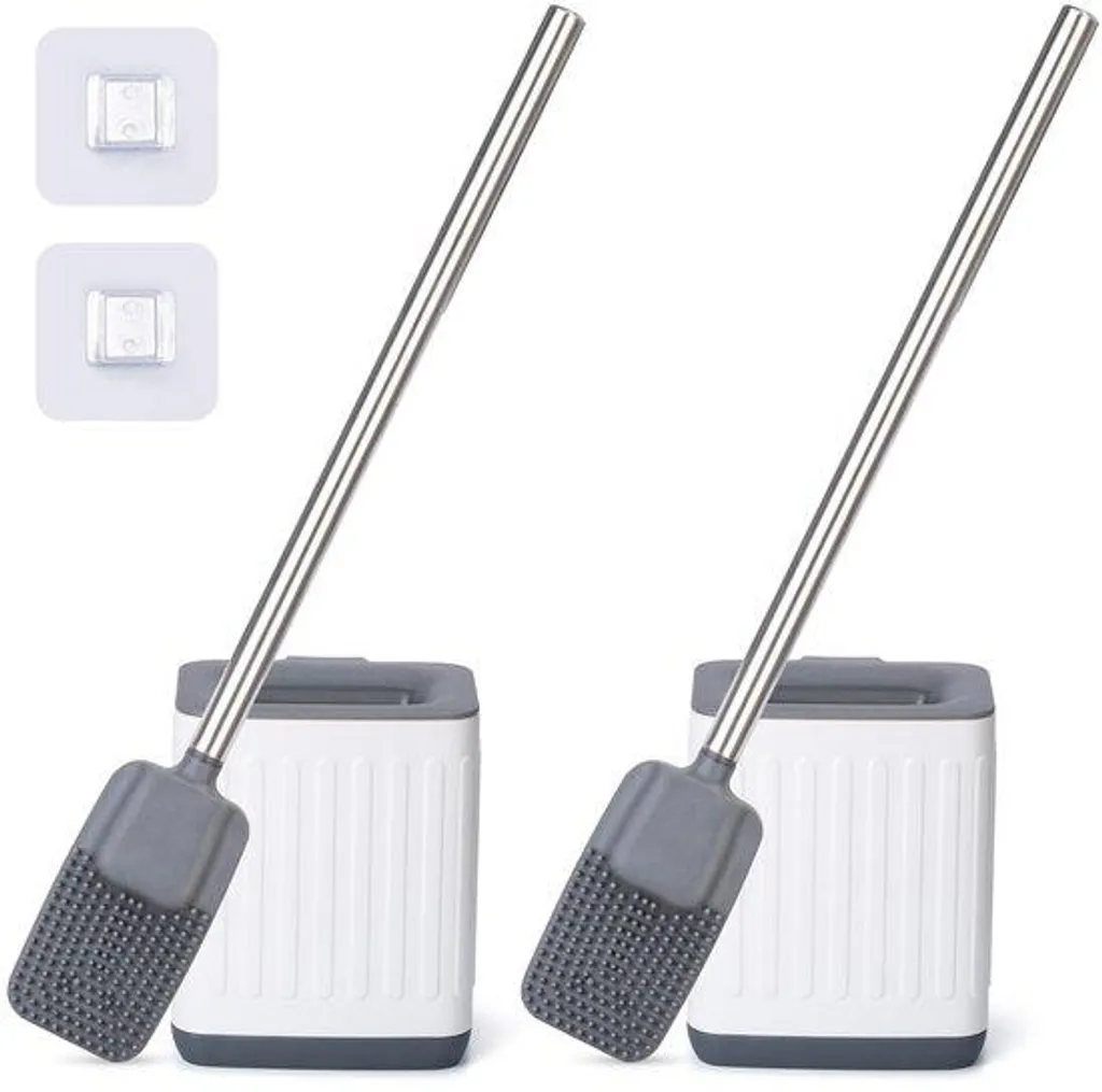 Brosse WC silicone blanc anti-adhérente avec manche en inox, lot de 2