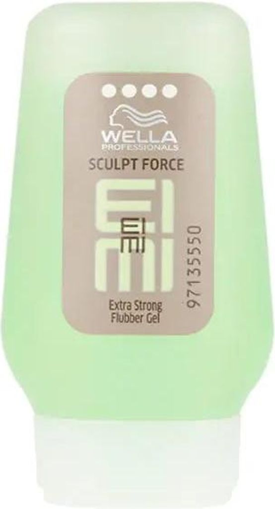 A product shot of a green hair gel bottle with a label.