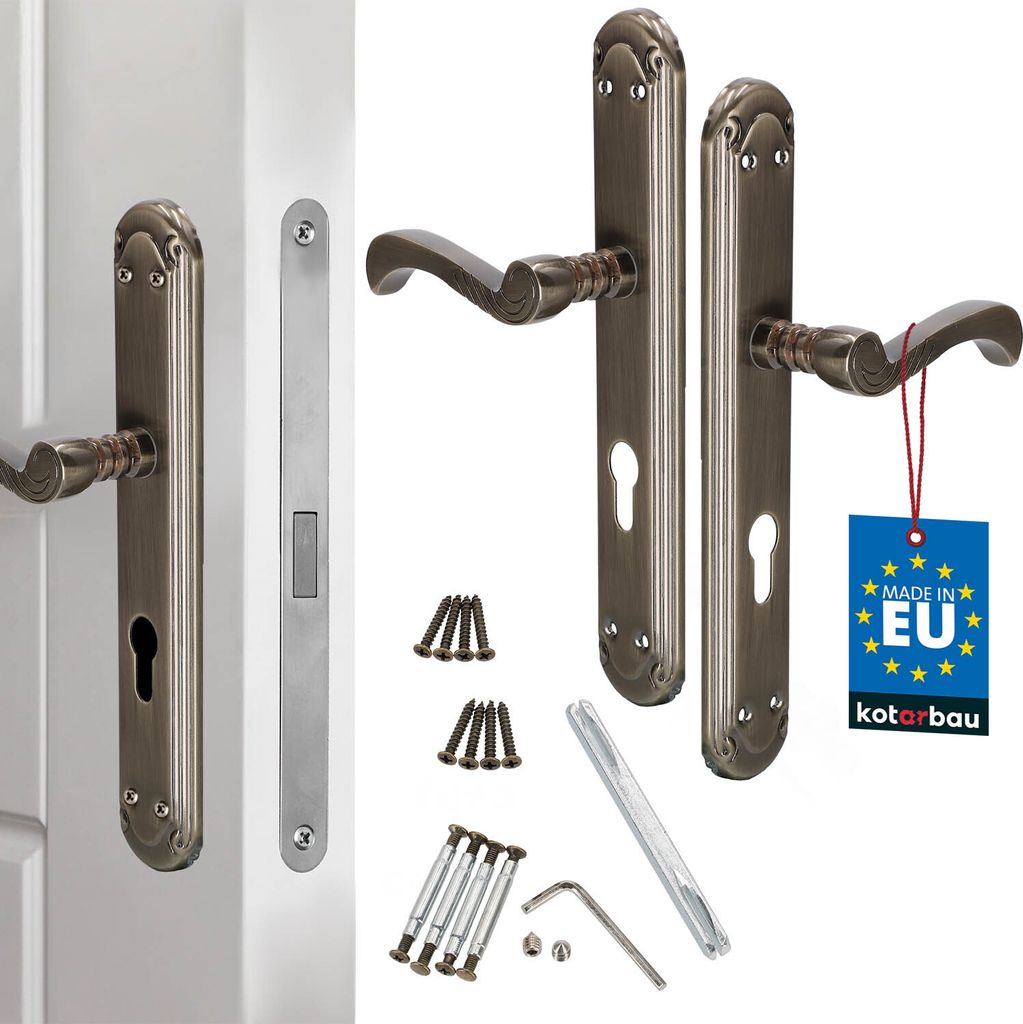 A set of door handles and related hardware, including screws and an Allen key, displayed against a white background. A "Made in EU" tag is attached to one of the handles.