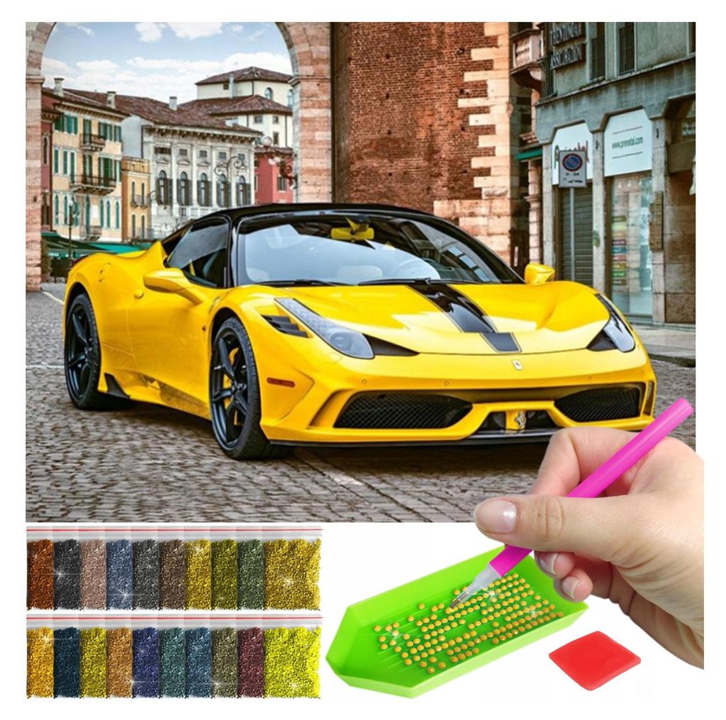 ARTULIO Diamond Painting Set - Gelbes Ferrari vor nächtlicher Stadtkulisse - 30 x 40 cm - 5D Crystal Art, Bilder DIY