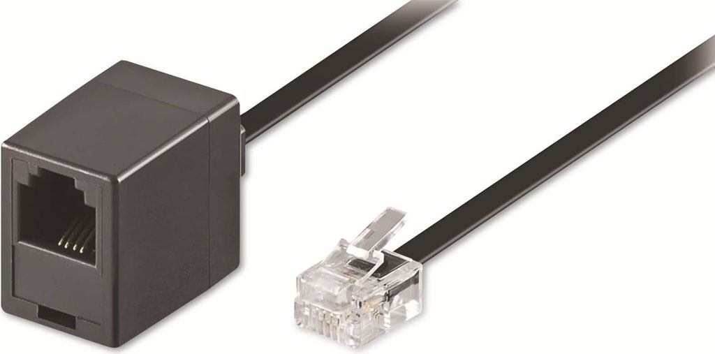 A black modular extension adapter with a clear RJ11 connector and cable on a white background.
