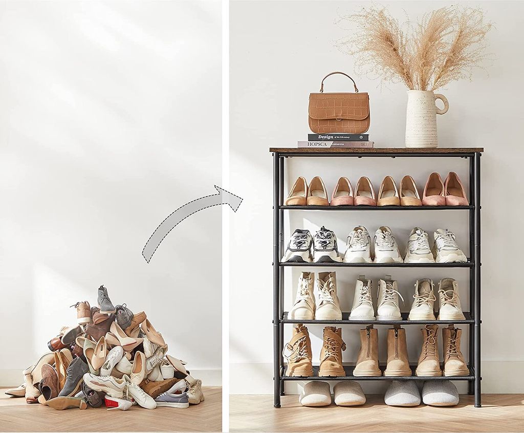 SimpleHouseware Schuhregal 5-stöckig, Grau – Platz Für 15–25 Paar Schuhe, Metallgestell Mit Polyester-Fächern