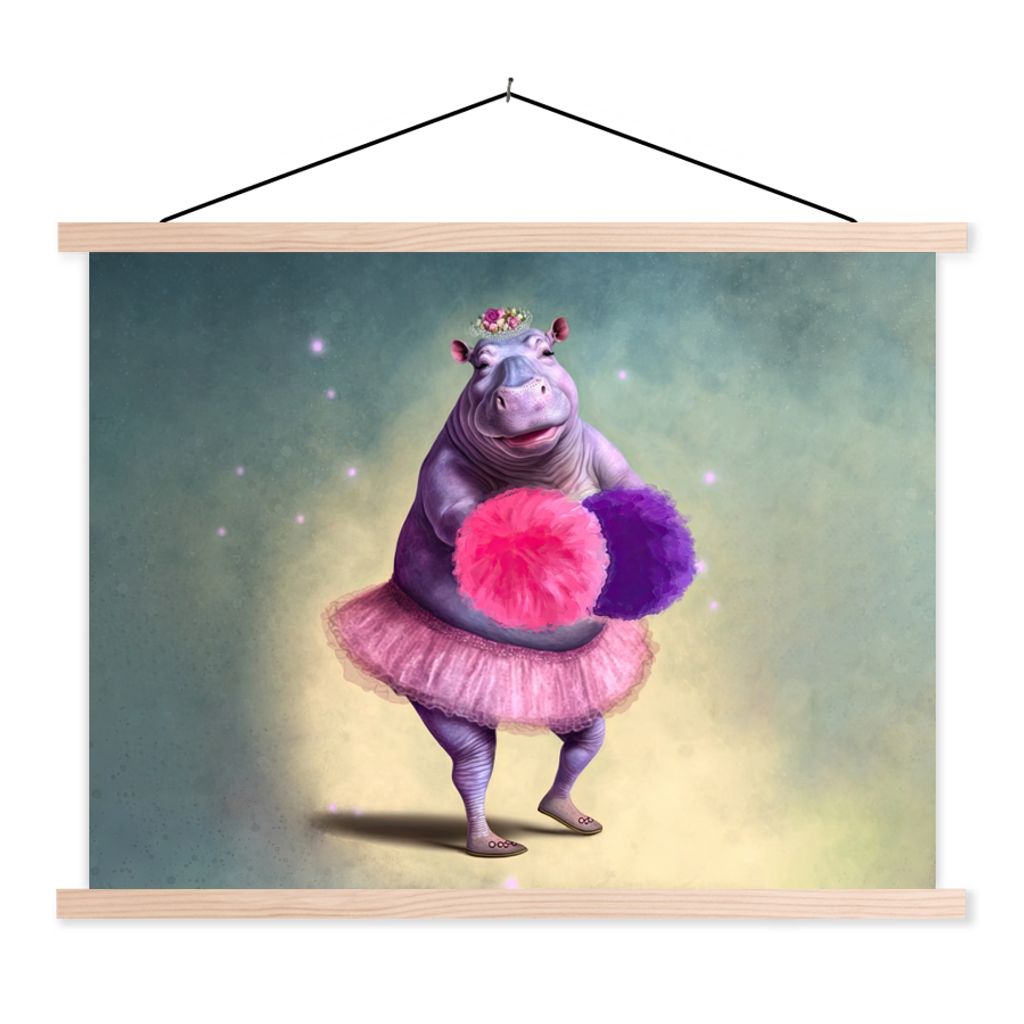 MuchoWow Textilposter Nilpferd - Blumen - Ballerina - Pompons - Porträt - Kinder 60x45 cm mit holzfarbenen Rahmen - Bild
