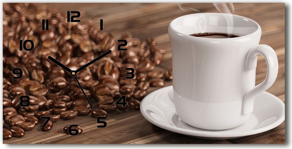Wanduhr aus Glas – 60x30 cm - Glasbild - Glasuhr - Gehärtetes Glas - schwarze-zeiger - Tasse Kaffee