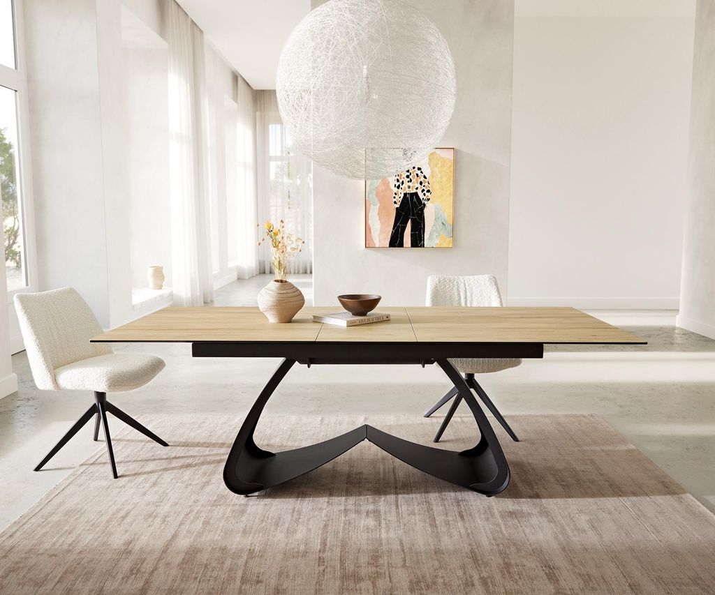 DELIFE Esstisch Edge 180-220x100 Keramik Laminam Sabbia Eichefarbig W-Gestell Schwarz ausziehbar