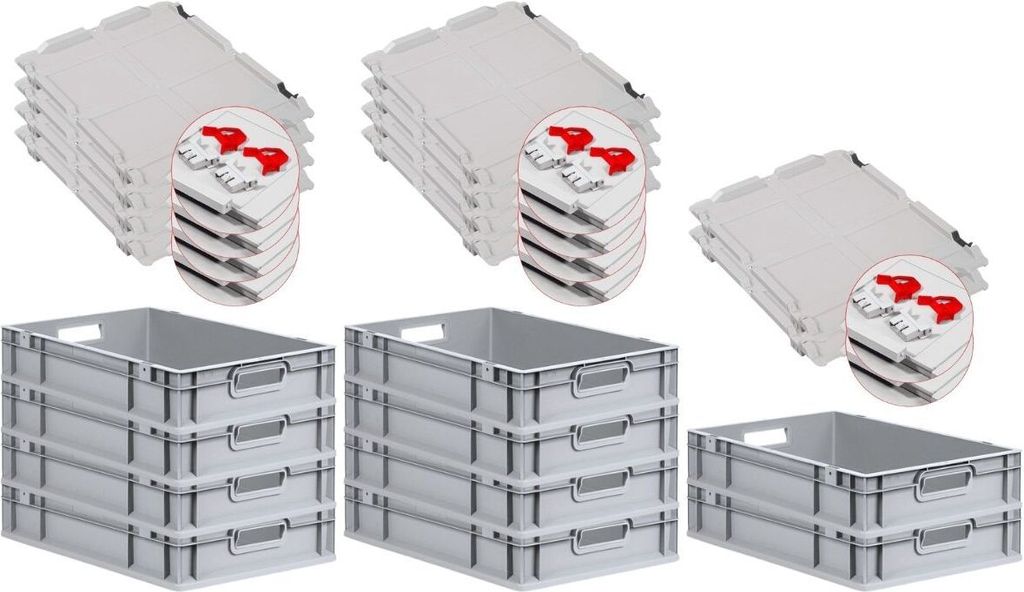 SuperSparSet 10x Eurobox NextGen Grip mit Scharnierdeckel und roten Schiebeschnappverschlüssen | HxBxT 12x40x60cm | 23 Liter | Grau | Griffe offen...