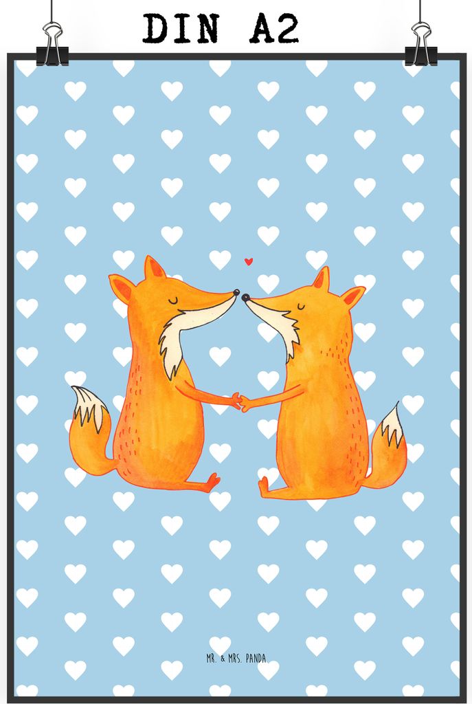 Mr. & Mrs. Panda Bild Füchse Liebe DIN A2 - Blau Pastell - Geschenk, Kunstdruck, wanddeko, Fox, Freundin, poster, drucke, Plakat, Fuchs, Ehefrau
