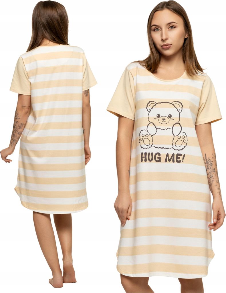 Bezauberndes Damen-Nachthemd mit gestreiftem Teddybär, kurze Ärmel, MORAJ - L
