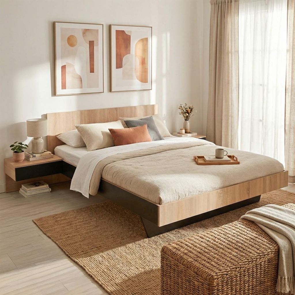 BETT COOL / Bett 140x190 cm + 2 Konsolen + Lattenrost - Eiche gebleicht & schwarz