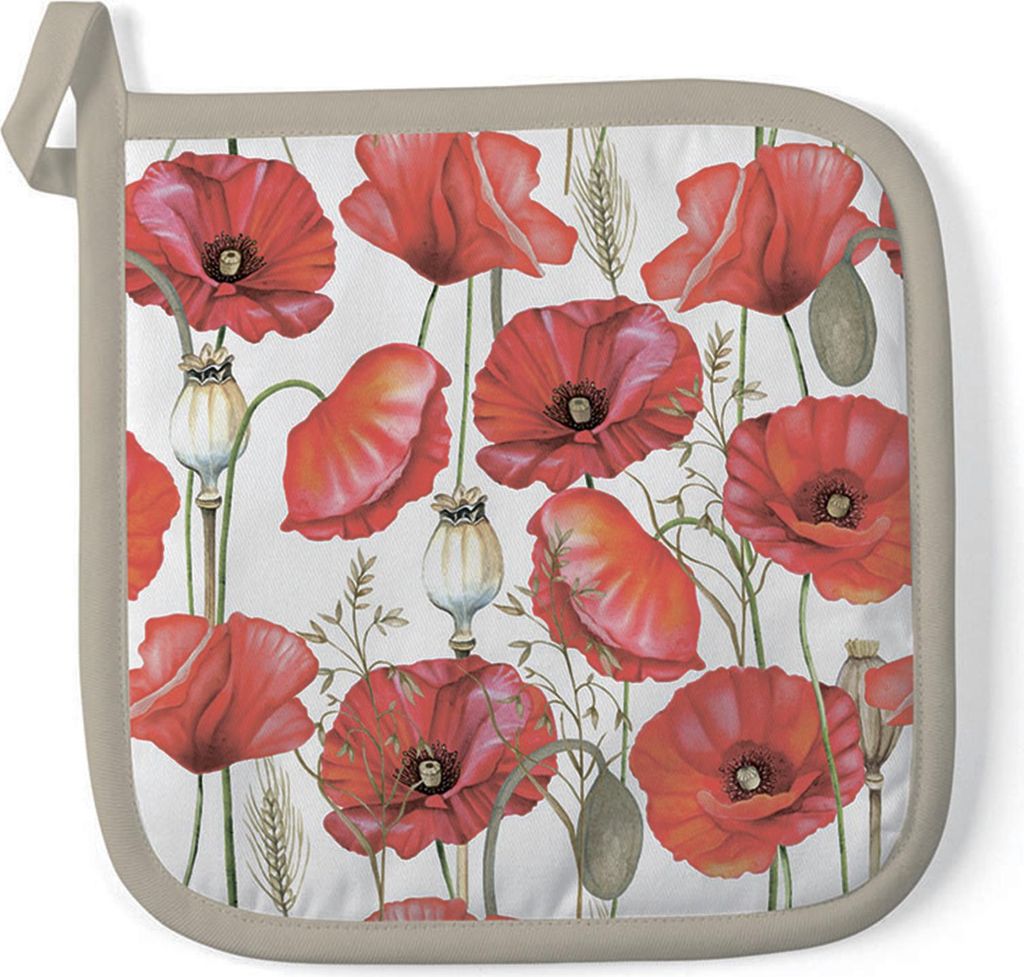 Topflappen Baumwolle 20x20cm mit Mohn Blumen Motiv Weiß / Rot