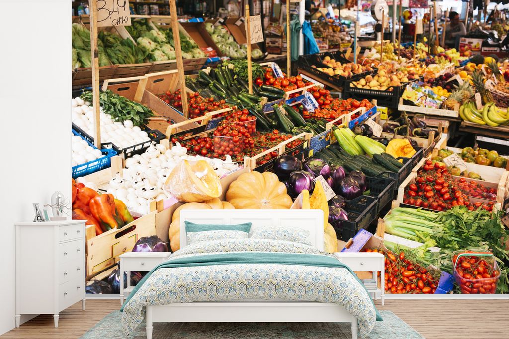 MuchoWow Fototapete für Wohnzimmer oder Schlafzimmer Wandtapete Vinyl Motivtapete Obst - Obstkiste - Markt - 390x260 cm - Papiertapete