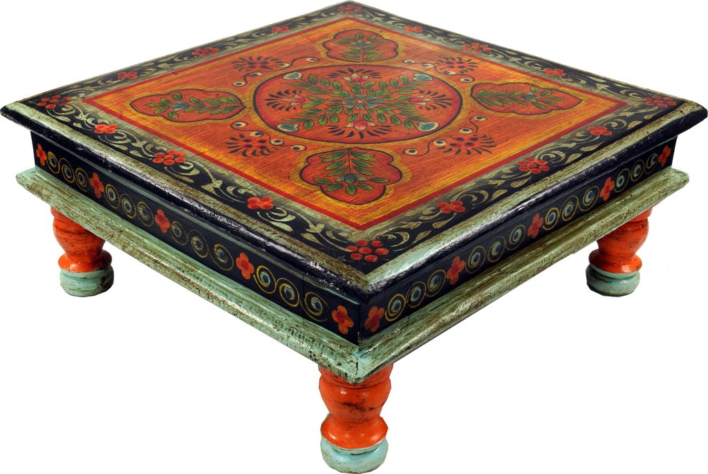 Bemalter Kleiner Tisch, Minitisch, Blumenbank - Ornament Orange, Holz, 16*38*38 cm, Kaffeetische & Bodentische