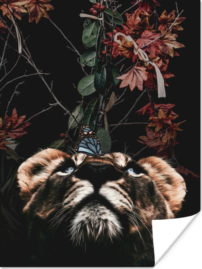 MuchoWow Poster Tiger - Schmetterling - Blumen 30x40 cm - Wandplakat - Poster Kinderzimmer