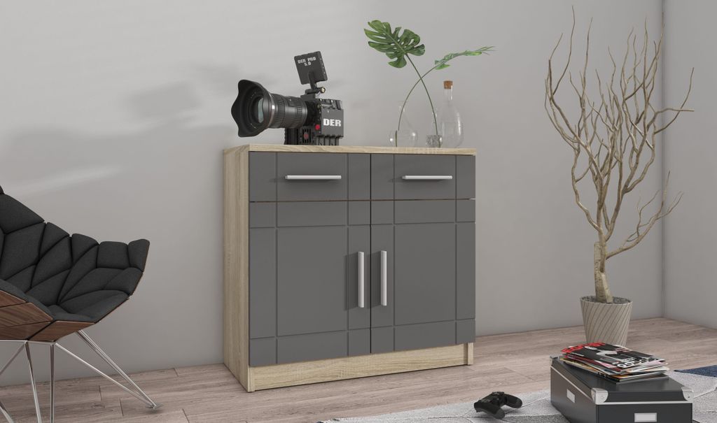 Kommode Sideboard PARIS 2F-2S Wohnwand Wohnzimmer Anbauwand Grau + Sonoma Eiche