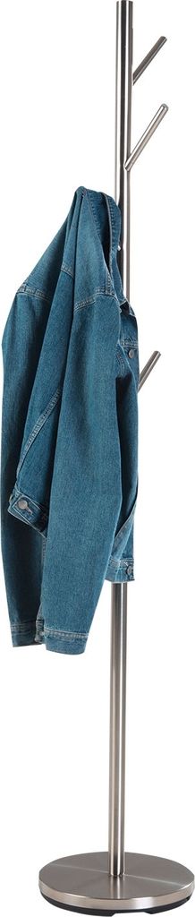 A silver coat rack with a blue denim jacket hanging on it.