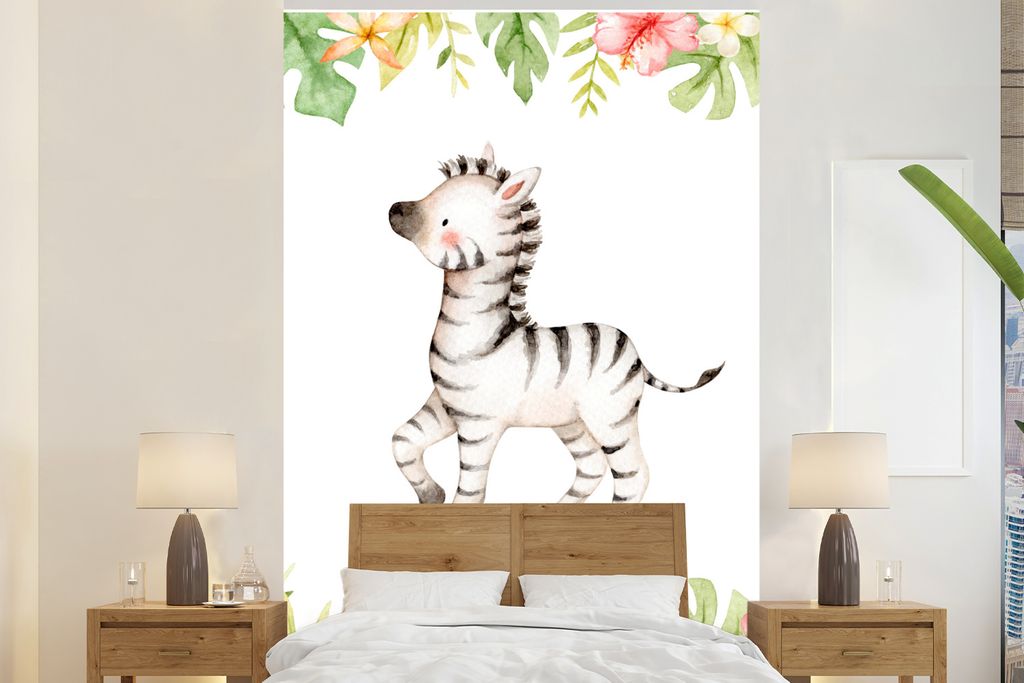 MuchoWow Fototapete für Wohnzimmer oder Schlafzimmer Wandtapete Vinyl Motivtapete Zebra - Dschungel - Blumen - Pflanzen - 155x240 cm - Tapete