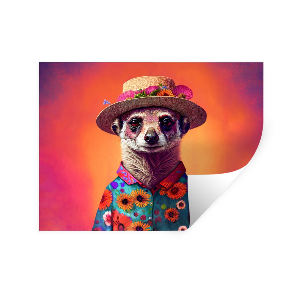 MuchoWow Wandtattoo Wandsticker Wandaufkleber Erdmännchen - Blumen - Hut - Tiere - Porträt - Erdmännchen 160x120 cm Selbstklebend und Repositi...