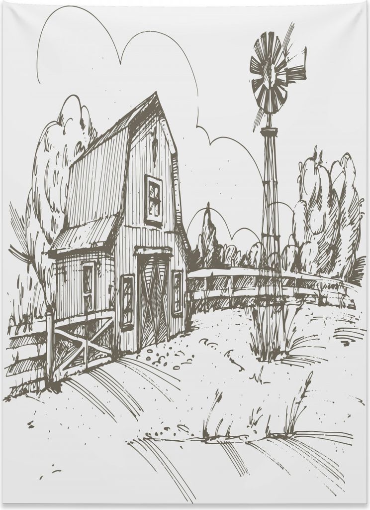 Abakuhaus Windmühle Wandteppich, Rustikale Bauernhaus Scheune aus Weiches Mikrofaser Stoff Kein Verblassen Klare Farben Waschbar, 110 x 150 cm, Du...