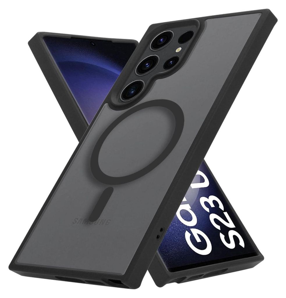 A black phone case with a magnetic ring is shown diagonally, with a phone screen visible behind it.