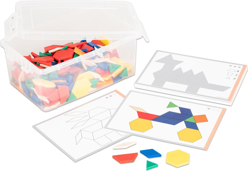 Betzold Pattern Blocks, 250-teilig, Box zur Aufbewahrung: Ja, Größe: 10 mm stark (Holz), Ausführung: mit Mitmach-Karten