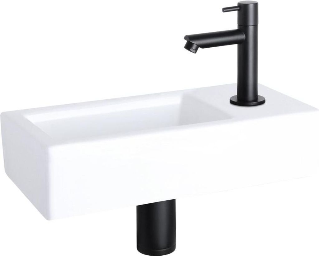Differnz Helios Waschbecken – Aufsatzwaschbecken 37,5x18,5x9,5 cm – Waschbecken Bad mit Wasserhahn Rechts – Schwarze Armatur Matt – Standar...