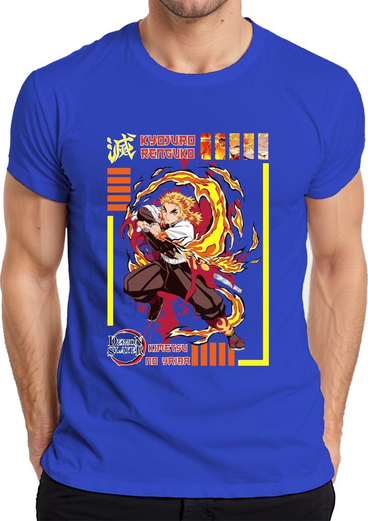 Kyojuro Rengoku Demon Slayer Kimetsu no Yaiba Flamme Hashira Herren T-Shirt, Blau, 3XL