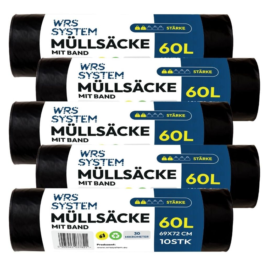 WRS System 5er Set Müllsäcke mit Zugband 60L 5x10 Stk. Hochleistungs-Müllbeutel Mülltüte