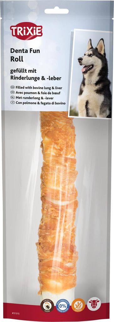 Trixie Hundeleckerli Denta Fun Roll, gefüllt mit Rinderlunge, 150 g, herzhaftes Leckerli