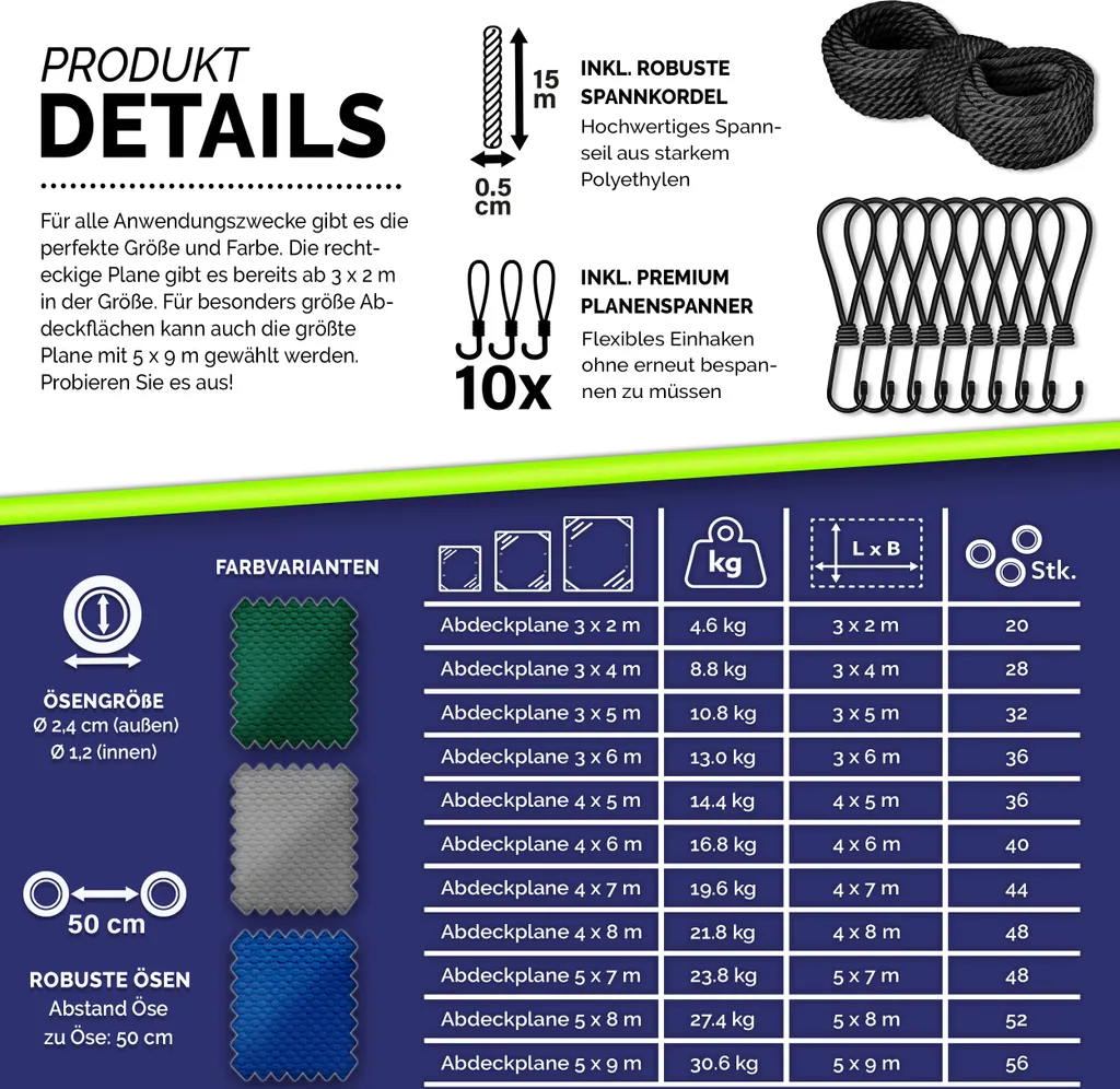 tillvex® telone grigio 4x6 m con occhielli + 10 ganci e 15 m di corda | telone in tessuto 650g/m² impermeabile e antistrappo | telone premium in PVC universale per camion, piscina, mobili da giardino in legno | telone per giardino - 4
