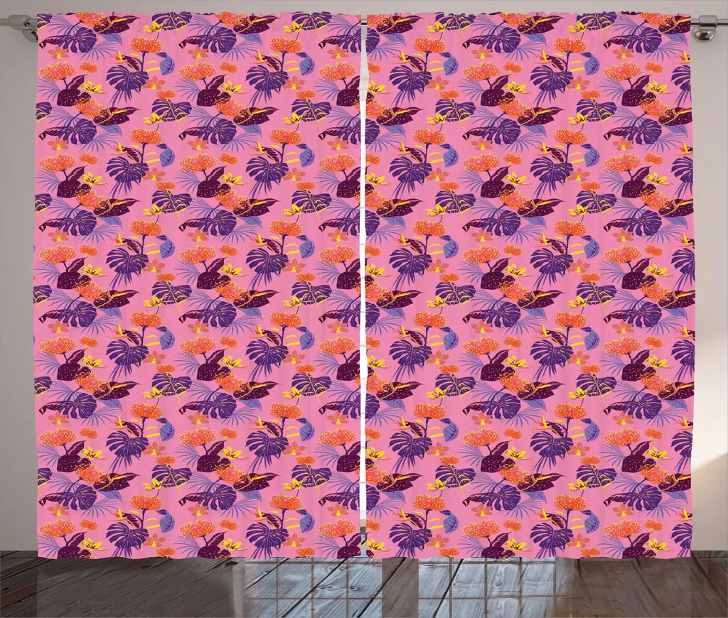 Rideau Motif Tropical Rose avec Boucles et Crochets Universels 280cm