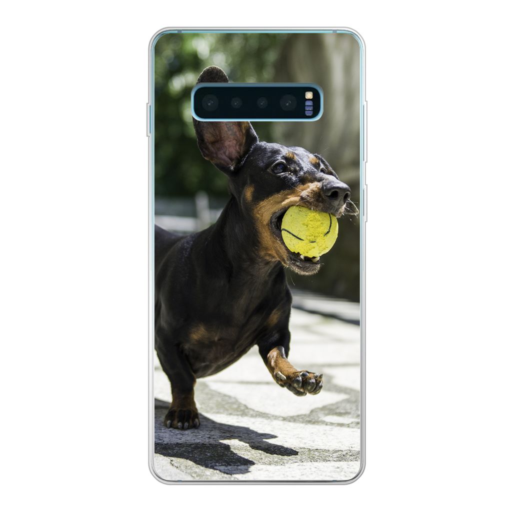 MuchoWow Handyhülle Schutzhülle Hülle für Samsung Galaxy S10 Lite Ein schwarzer Dachshund mit einem Tennisball Silikon Softcase Handy Hülle ...