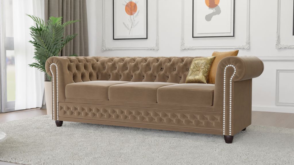 S-STYLE MÖBEL - Nox - Chesterfield 3 sitzer Sofa aus Beige Samt-Stoff mit Holzfüßen, B/T/H: 203 cm / 86 cm / 72 cm