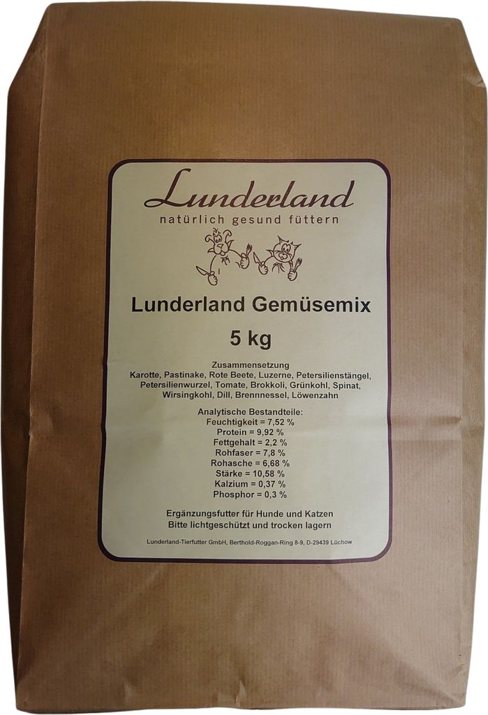 A brown paper bag with a label for Lunderland Gemüsemix.