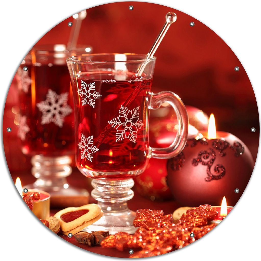 Wallario rundes Outdoor-Poster für Garten oder Balkon, Motiv Heißer Winterpunsch mit Kerzen, 120 cm Durchmesser
