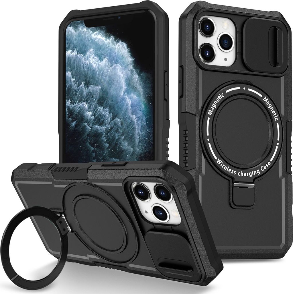 Handyhülle für iPhone 11 Pro Kompatibel mit MagSafe, Robuste Hülle mit Schiebe Kamera Schutz, Magnetischer Ringständer Schwarz