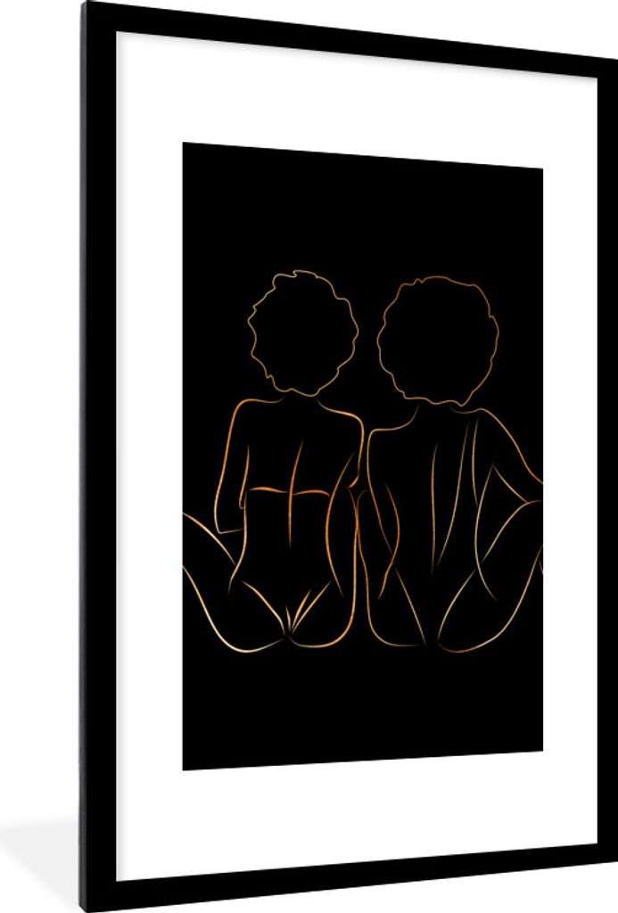 MuchoWow Gerahmtes Poster Frauen - Linienkunst - Schwarz und Gold 60x90 cm - Poster mit Schwarzem Bilderrahmen Wandposter Rahmen Foto Bilder - De...